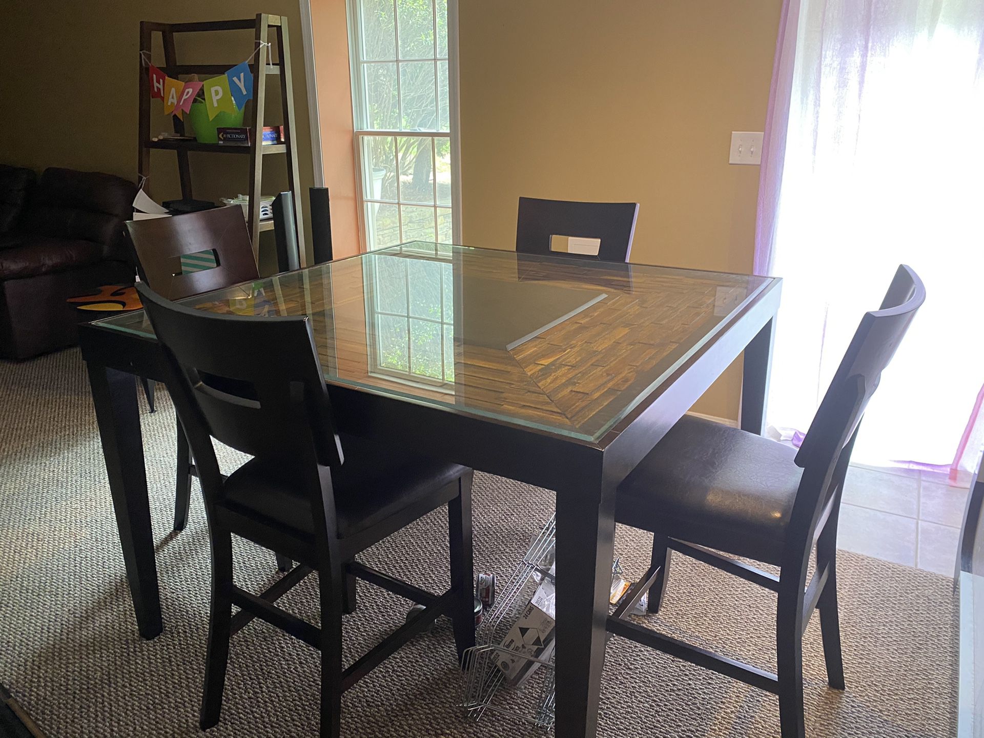 Gorgeous Wood/Glass Dining Room Table plus 4 Leather Chairs