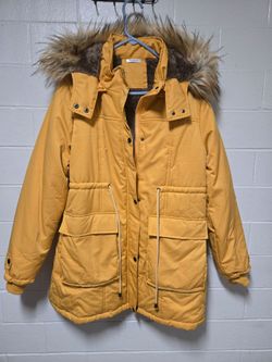 Beyove Winter Parka / Mustard Gold Coat / Fur Fleece Hood / L