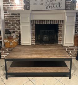 Beautiful Refinished Super Heavy Wrought Iron Pottery Barn Clint 52” Reclaimed Wood Coffee Table