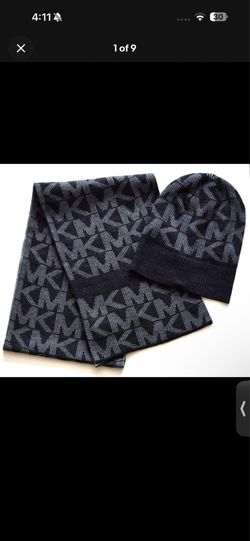 MICHAEL KORS SCARF HAT BEANIE SET GIFT Black And GRAY UNISEX MONOGRAM
