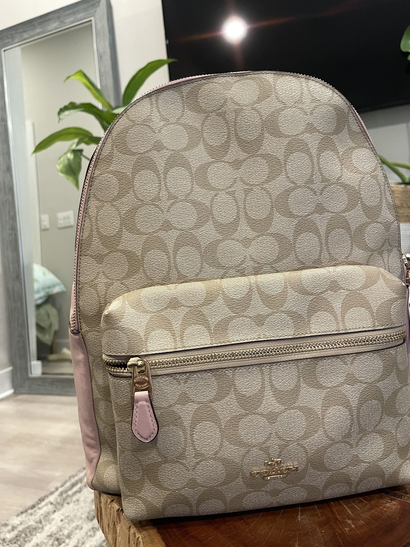 coach backpack pink and tan Court In Signature Canvas Coach Pink backpack for Sale