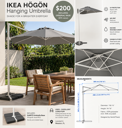 IKEA HÖGÖN Hanging Patio Umbrella + SVARTÖ Base – Gray – Excellent Condition