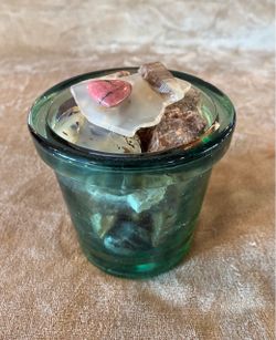 Rock & Mineral Collection in Unusual Vintage Green Glass Container