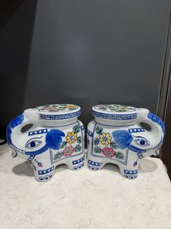 Vintage Pair of Chinoiserie Ceramic Elephant Plant Stands  6” Tall  x 6 1/2” Wide