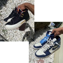 SIZE 11.5 USED JORDAN 1 OBSIDIAN AND JORDAN 12 CNY