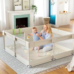 Fodoss Baby Playpen, Upgrade Playpen for Babies and Toddlers, 47x47x26inch Beige Play Pen for Babies with Hand Pulling Ring, Play Pen Center for Kids,