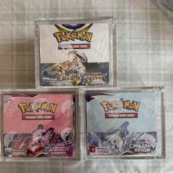 3 Sword and Shield Era Pokemon Booster Boxes (Fusion Strike, Chilling Reign, Brilliant Stars)