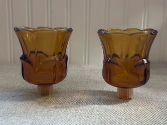 PAIR Vintage 3” Amber Glass Tulip Peg Votive Cup Candle Holders