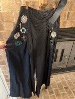 AKIRA Jeweled Brooch Wide Leg Pants Black L New With Tags