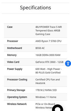 iBUYPOWER Gaming PC- TraceMR258i, Ryzen 7 5700, RTX 3060 12GB, 16GB, 1TB  SSD, RGB, Windows 11 Home 
