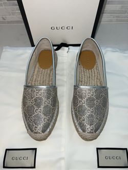 NIB GUCCI GG HERITAGE ESPADRILLE LAME & METALLIC LEATHER CORD SOLE SZ 37 