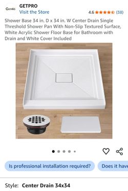 Shower Base 34 in. D x 34 in. W Center Drain Single Threshold Shower Pan With Non-Slip Textured Surface, White Acrylic Shower Floor Base for Bathroom 
