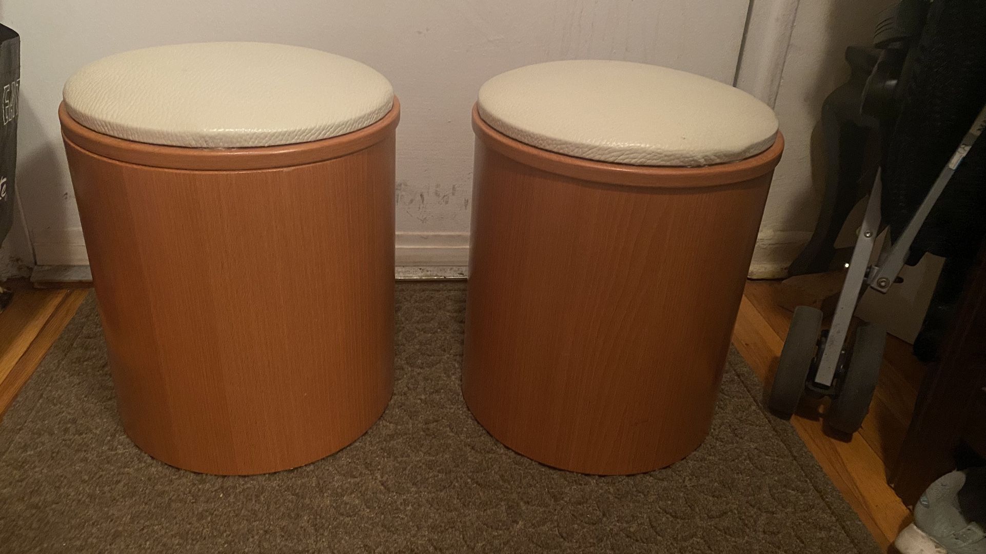 Round Wood Storage Ottoman/Stool - Set of 2