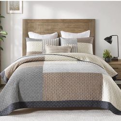 Finlonte Quilt King Size 100% Cotton Lightweight Soft King Quilt Real Patchwork Plaid Quilted Bedspread Brown Beige Gray Reversible Quilt Bedding Set 