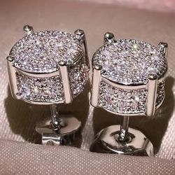 Exquisite Micro Pave 14K White Gold-Plated Cubic Zirconia Men Women 9mm Stud Earrings 
