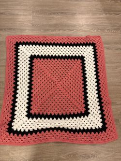 Handmade Knitted Lap / Baby Blanket Square in Square Design Salmon Black White 32” x 32”