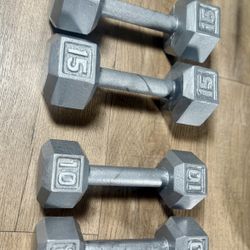 Sets of Hex Dumbbells Cast Iron in NEW Condition: Pairs of 5s, 8s, 10s, 15s and 20s. 