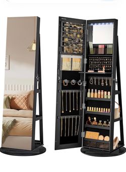 6 LEDs Mirror Jewelry Cabinet Organizer, 360° Swivel, Lockable Frameless Full-Length Mirror with Storage, Jewelry Armoire, 3 Storage Shelves, Black Su