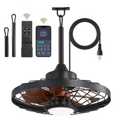 20 in. Outdoor Black & walnut color Ceiling Fan with lights, IP65 Waterproof Hanging Fan with Remote Control Smart App for Patio Porch
