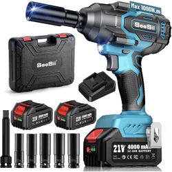 Seesii 1000N.m (738ft-lbs) Cordless Impact Wrench High Torque,1/2" Brushless Impact Gun w/Two 4.0Ah Battery,Fast Charger, 5 Sockets & Storage Case, El