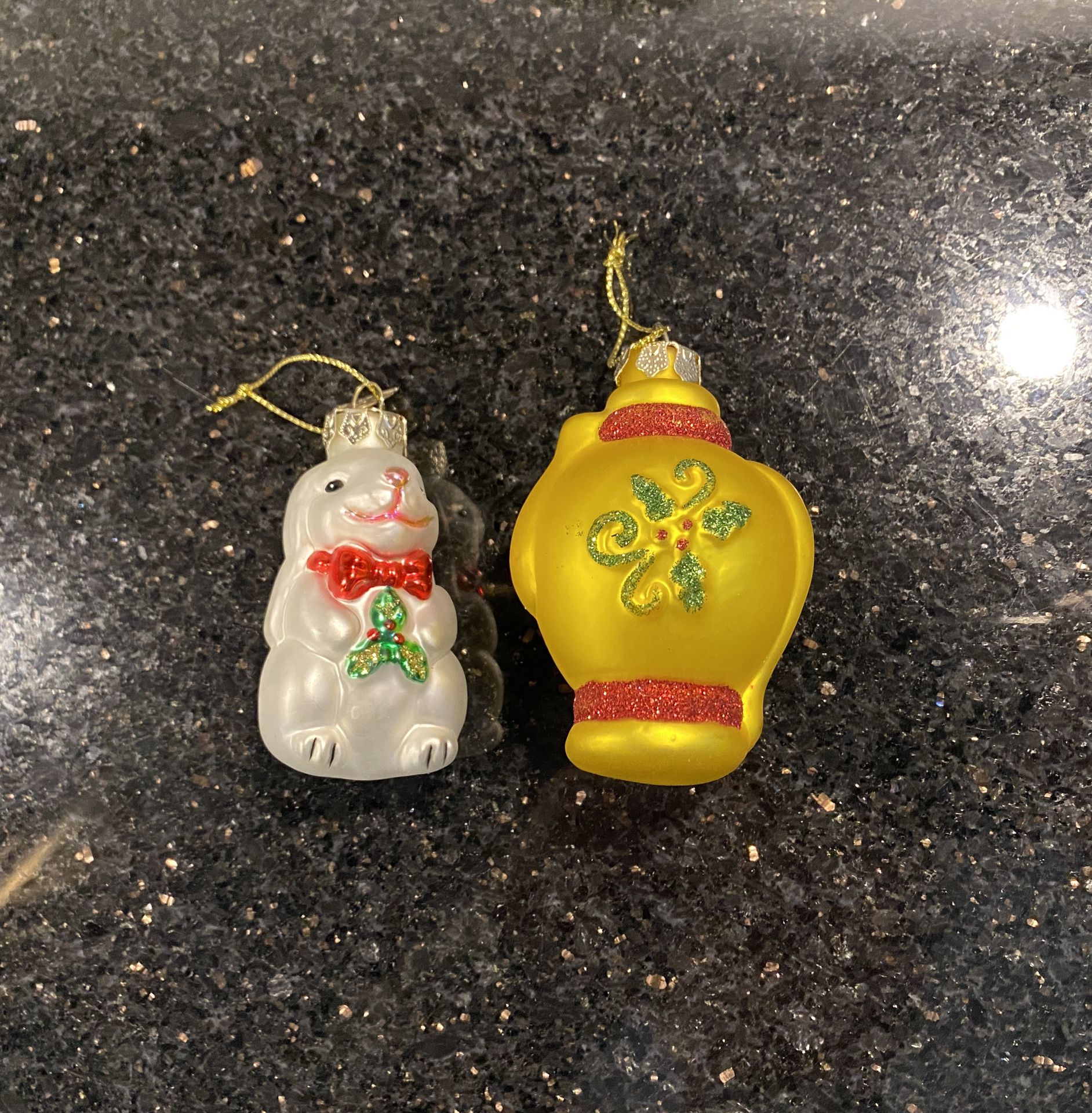 2 Glass Blown Christmas 4” Ornaments Floppy Eared Bunny Rabbit & Yellow Jar
