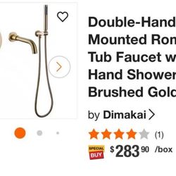 Double Handled Wall Mounted Roman Tub Faucet With Shower In Brushed Gold