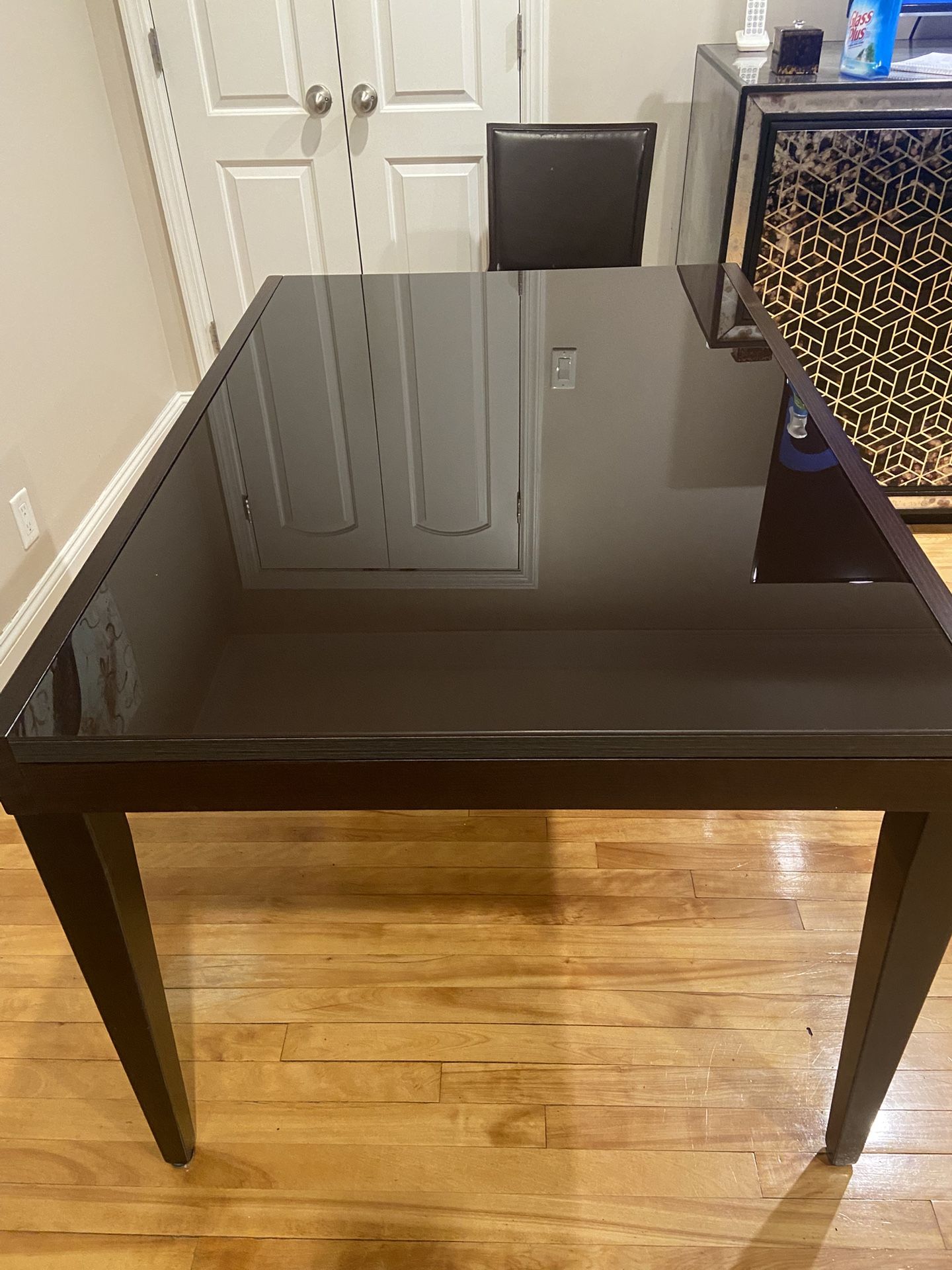 dining Table Brown Glass And wood Legs With Built In Leaf Extension