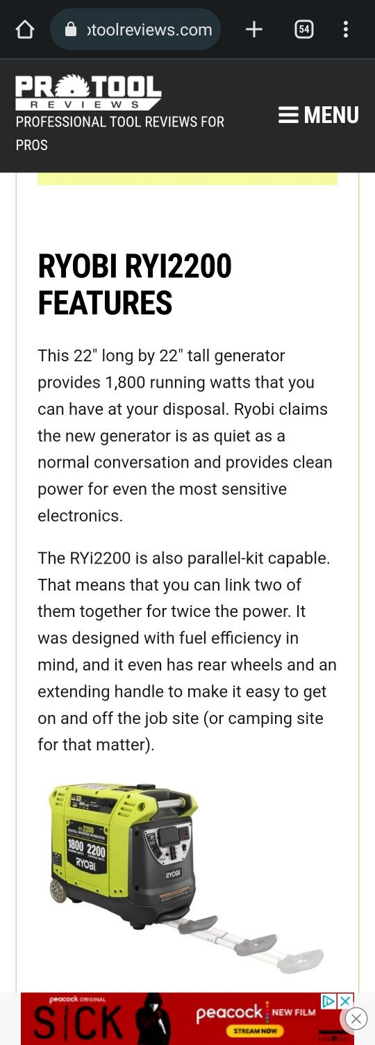 Ryobi RYi2200 Digital Inverter Generator 1800/2200W for Sale in Seattle