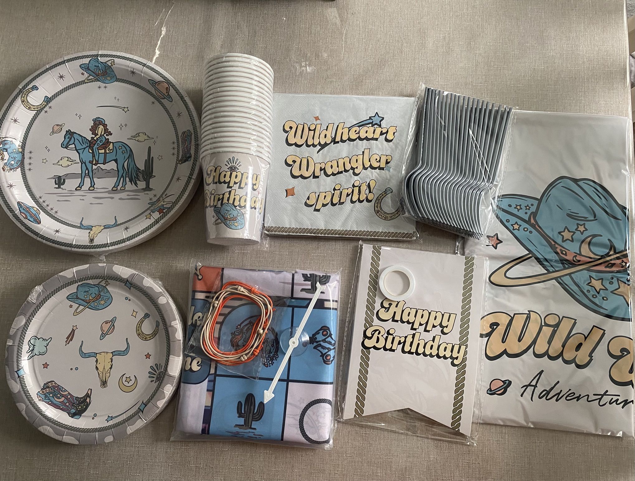 Western Birthday Party Supplies Kit with Mini Party Game Add-on, Includes Plates, Napkins, Cups, Tablecloth, Forks