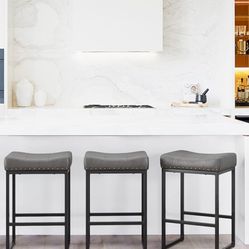LUE BONA Counter Height Bar Stools, 24" Square Saddle Barstools Set of 3, Counter Stool, Dark Gray