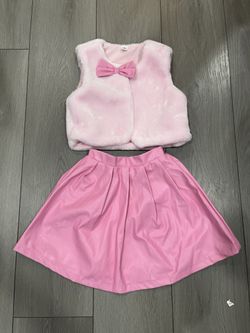 Girls 3pcs Set Fitted High-Quality Fluffy Vest, Ribbed Long Sleeve Top & Skirt