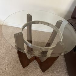 Two Round Glass End Table with Solid Wood Base for Living Room