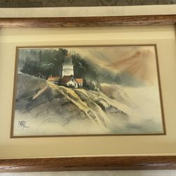 Watercolor painting titled 'The Beacon' by Diane Bartz depicting a lighthouse. 17”x 13” Including Frame