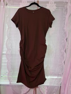 Large Cotton/spandex Brown Ruched Summer Dress