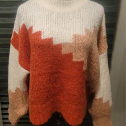 Chunky Block Long Sleeve Sweater in camel/ivory/orange colors size Small/Medium