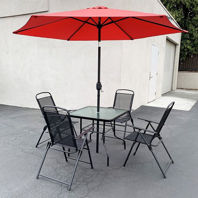 Brand New $140 Patio 6 Piece Outdoor Set with 32x32” Table, 4pc Folding Chairs and 10 FT Tilt Umbrella