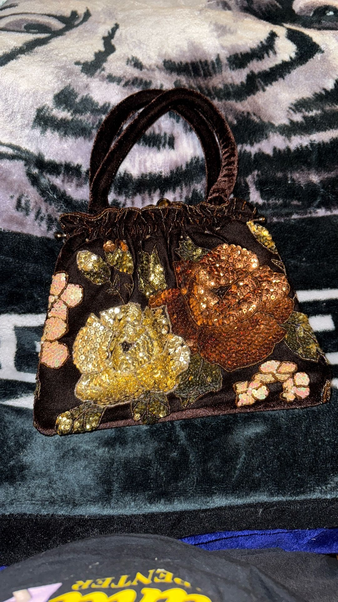 Vintage Purse, Velvet, Beads Black, Gold, Silver And Orange