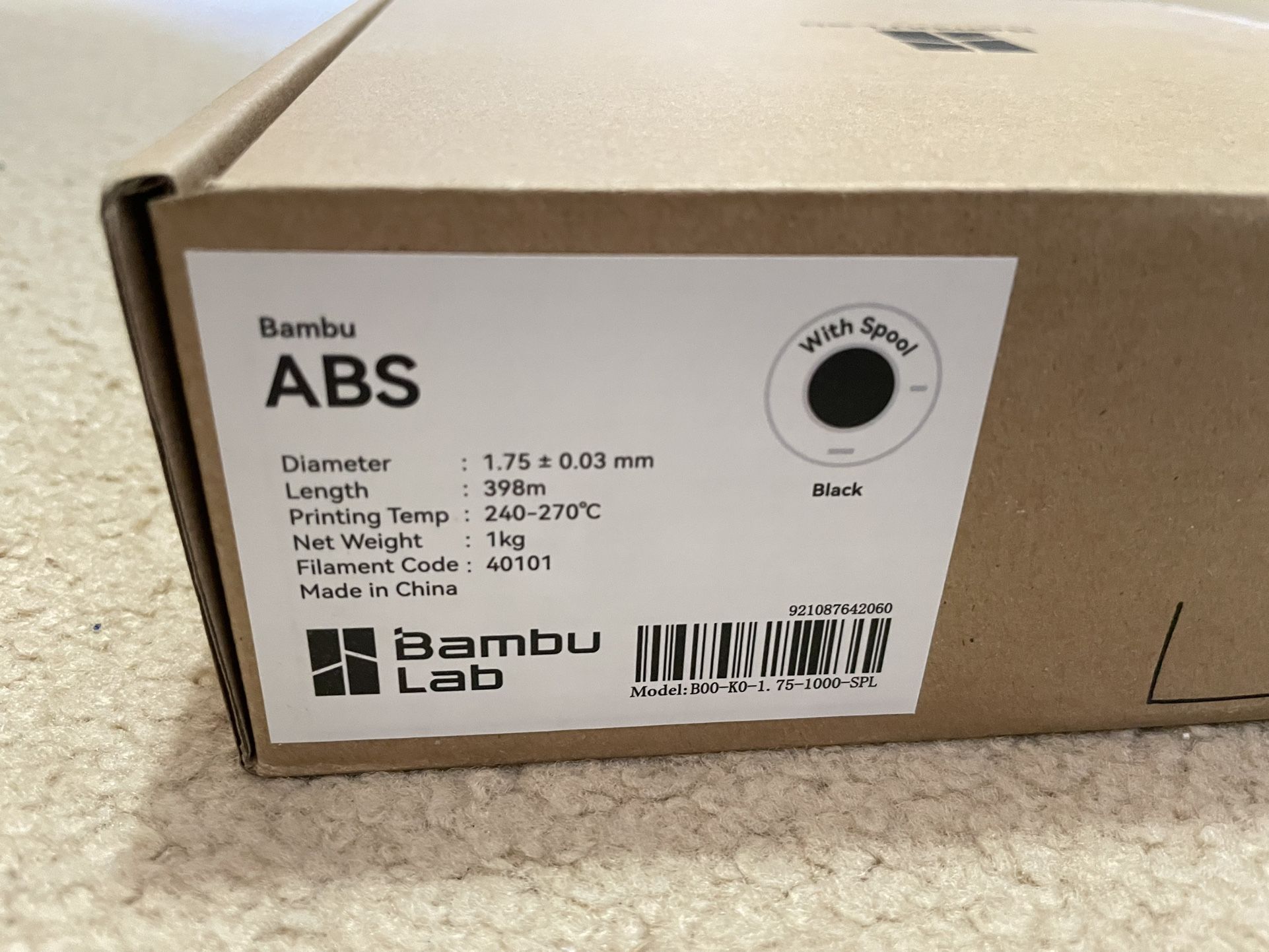 Bambu Lab 1KG ABS Filament With Spool (Black)