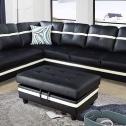 Black Leather Sectional Couch And Ottoman