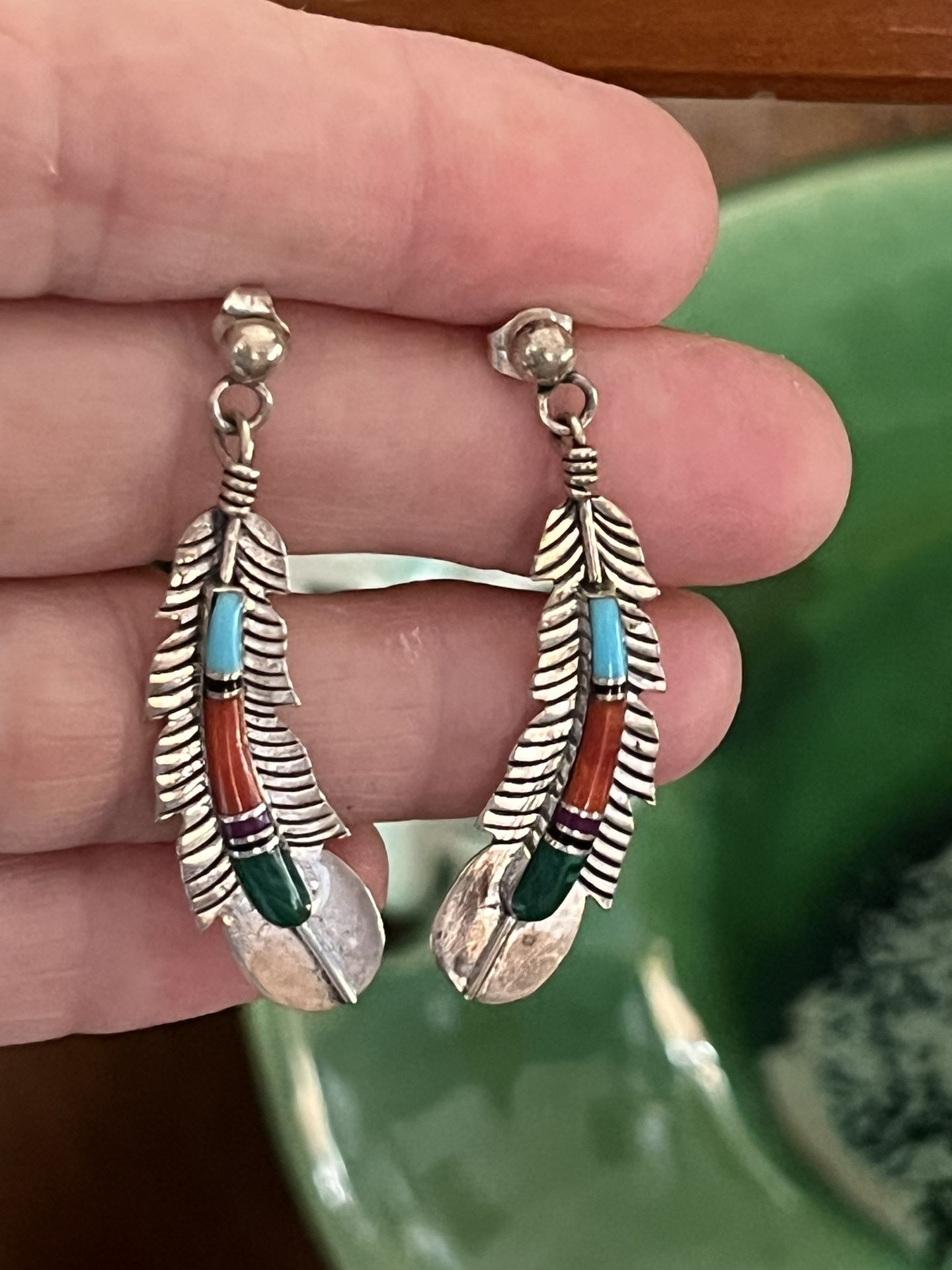 Vintage Sterling, Turquoise, Coral, And Jet Navajo Dangle Earrings 