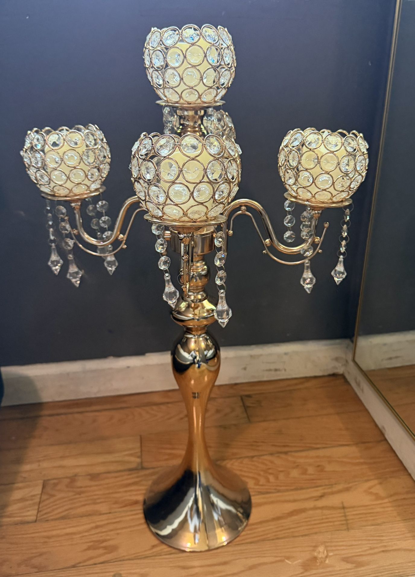 5-Arm Crystal Beaded Globe Candelabra 25" Gold - Metal Candle Holder for Stylish Pillar Table Centerpiece Decor