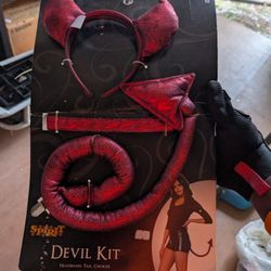 New Spirit Red Devil Set With Headband Choker Tail Halloween Costume Red 3 Piece Set