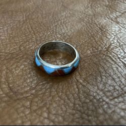 Vintage Sterling Silver Turquoise & Red Coral Ring