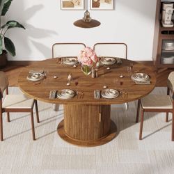 47-63In Extendable Round Dining Table For 4-8, Modern Kitchen Dining Table With 2-Layer Storage Shelf, Oval Wood Strip Base For Dining Living Room