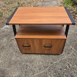 Small Wood And Metal File Cabinet With Shelf And Drawer