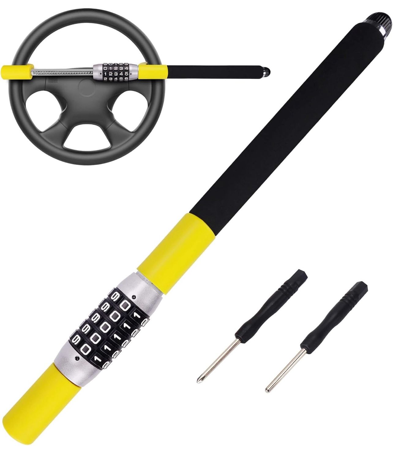 Tevlaphee Steering Wheel Lock, Car Lock Anti Theft Keyless Extendable Retractable Password 5 Coded Combination Lock, Heavy Duty Universal Fit (Yellow)