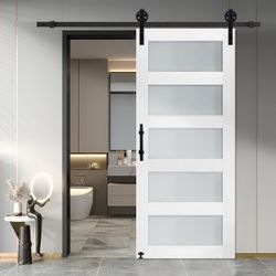 Glass Sliding MDF Barn Door with Sliding Door Hardware Kit,5 Tempered Frosted Glass, Big Wheel