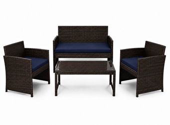Brand New 4-Piece Outdoor Patio Conversation Set – Wicker with Navy Cushions