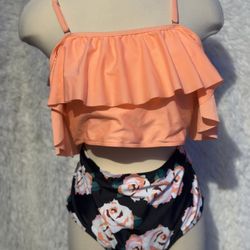 Ruffled Peach Bikini Top with Floral High-Waisted Bottoms 2XL