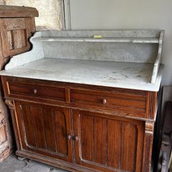 Antique French Country Pine Cabinet W Marble Top